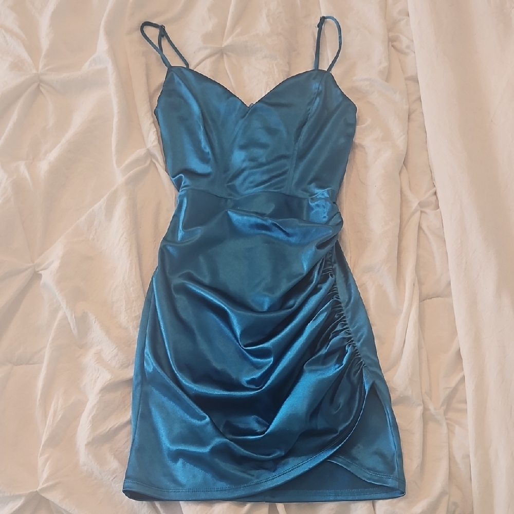 Lucy in the Sky Teal Blue Satin Ruched Mini Dress Size XS In Perfect Condition